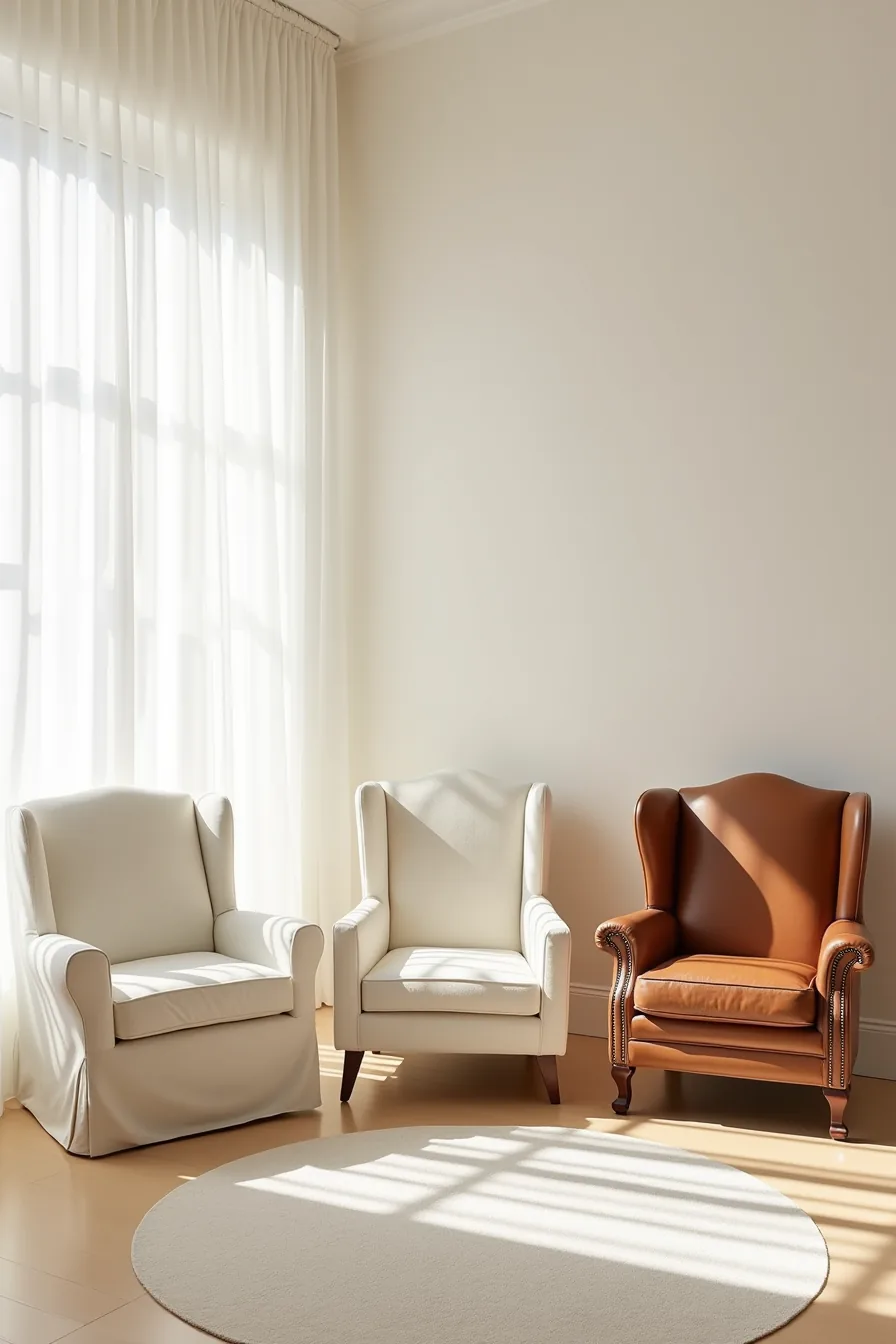 Three chairs in ascending price range: slipcovered budget option, rental-safe upholstered piece, and high-end leather