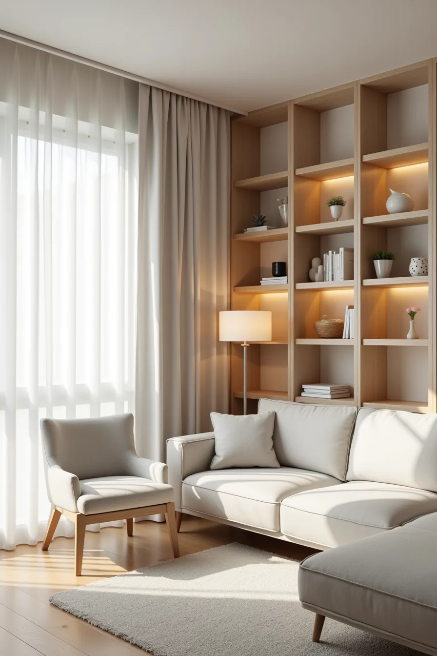 Small sectional with a light gray armless chair in corner below tall open shelving in a compact living room.