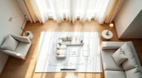 Floor plan sketch with sectional sofa, angled accent chairs, coffee table, ruler and pencil showing room layout measurements.