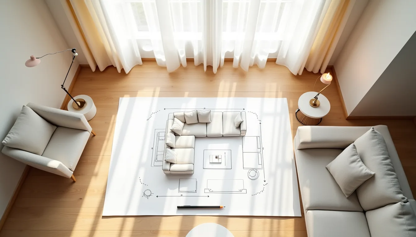 Floor plan sketch with sectional sofa, angled accent chairs, coffee table, ruler and pencil showing room layout measurements.