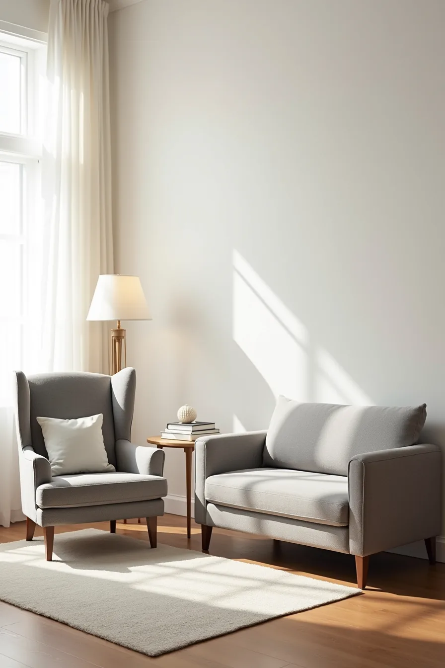 Gray sectional sofa next to a wingback chair with a side table between them showing furniture scale and proportions.