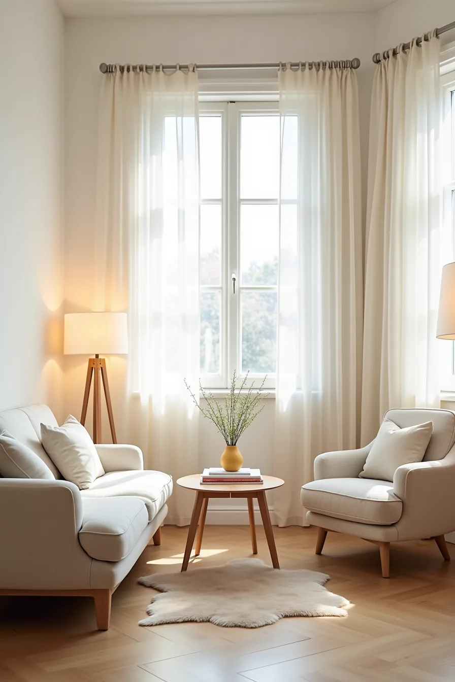 Overhead view of neutral sofa with two angled upholstered chairs facing a central round table with lamp.