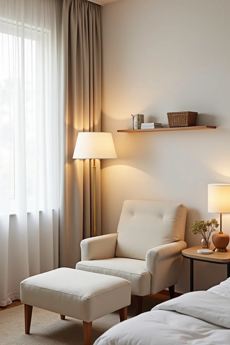 Corner seating arrangement with armchair, ottoman, brass lamp, wall shelf, and patterned rug viewed from bed level.
