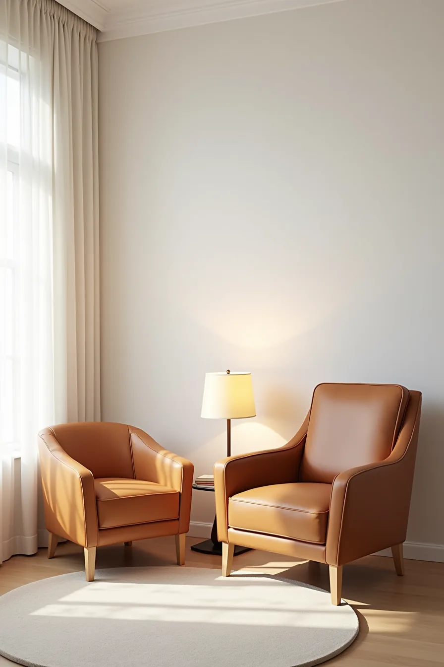 Two chairs of different sizes sit side by side in corner with a shared table between them.