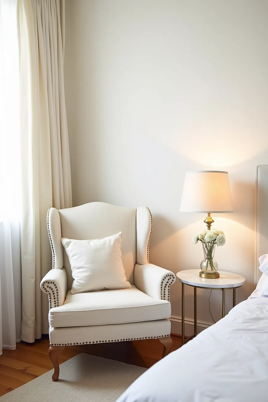 Cream wingback chair with marble side table, brass lamp, water pitcher, and flower vase in composed corner setting.