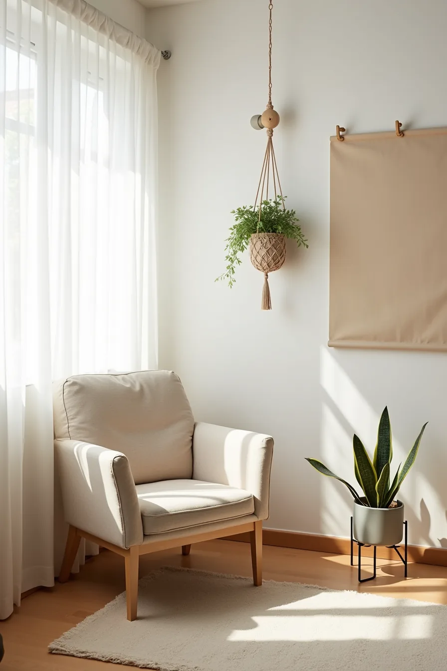 Fabric chair on portable rug with removable wall decor, plant hanger, and folding stand in corner arrangement.