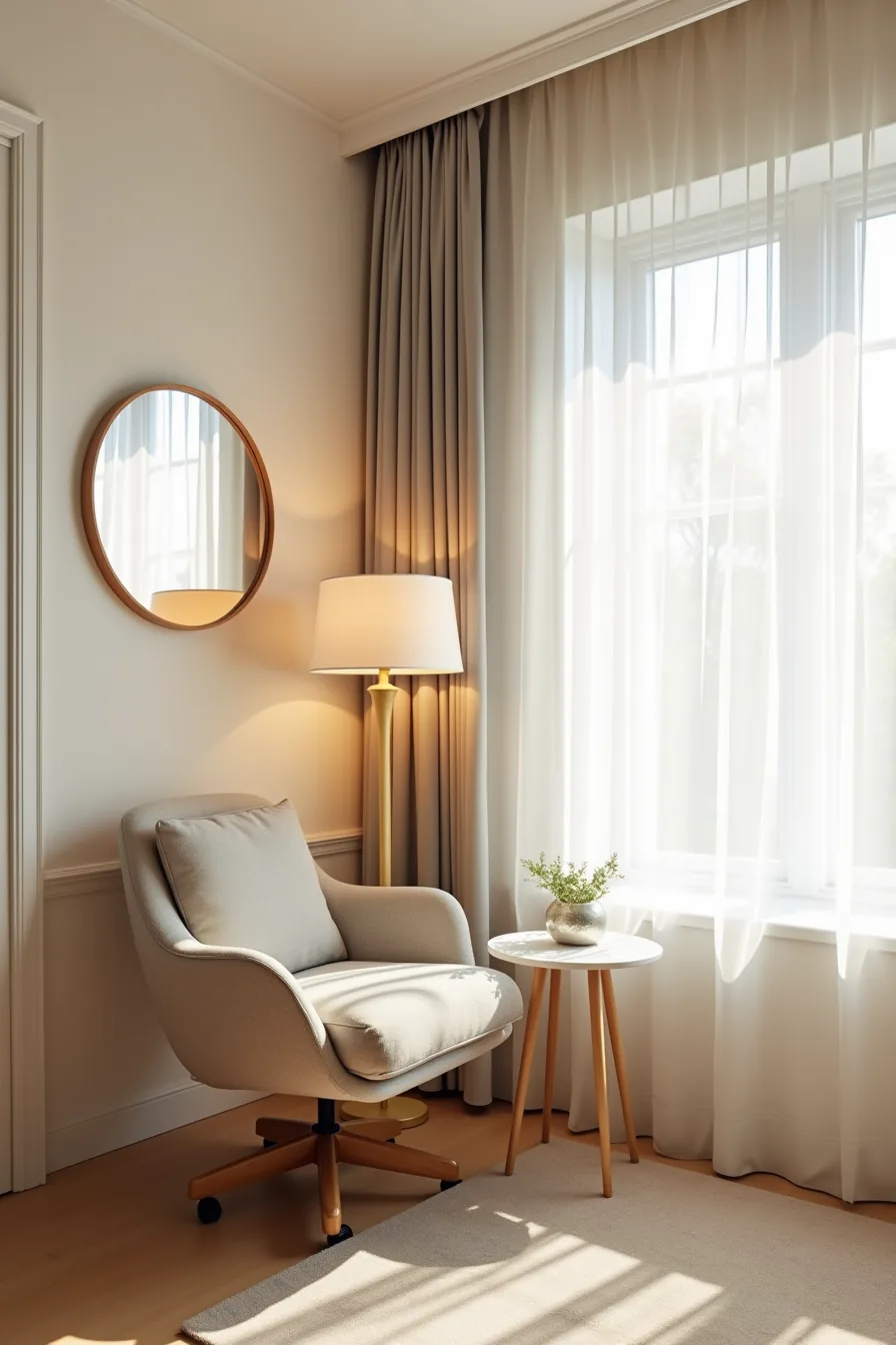 Swivel chair in tight corner with minimal table and round mirror above, positioned to avoid door interference.