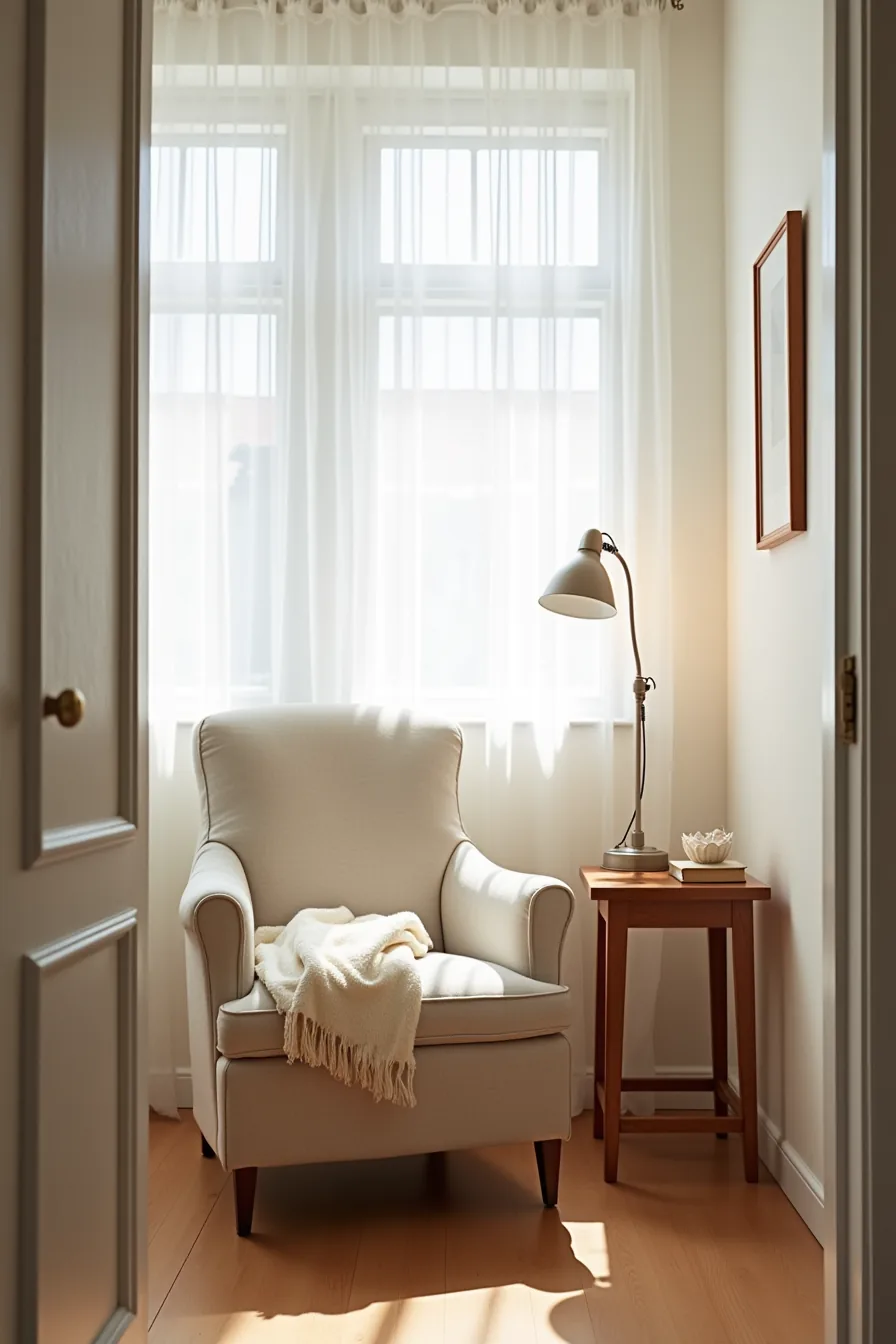 Reupholstered armchair with wooden table, clip-on lamp, and folded cotton blanket creates budget-friendly corner setup.