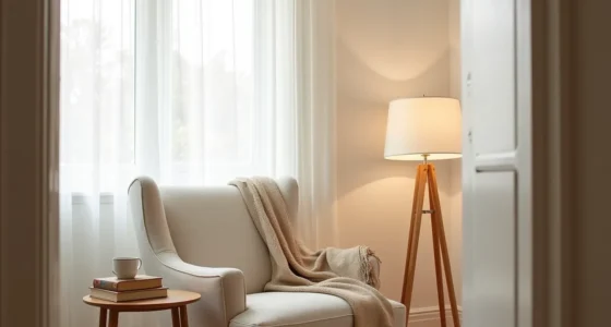 Wingback chair in corner with arc lamp, side table holding books and mug, and throw blanket over armrest.