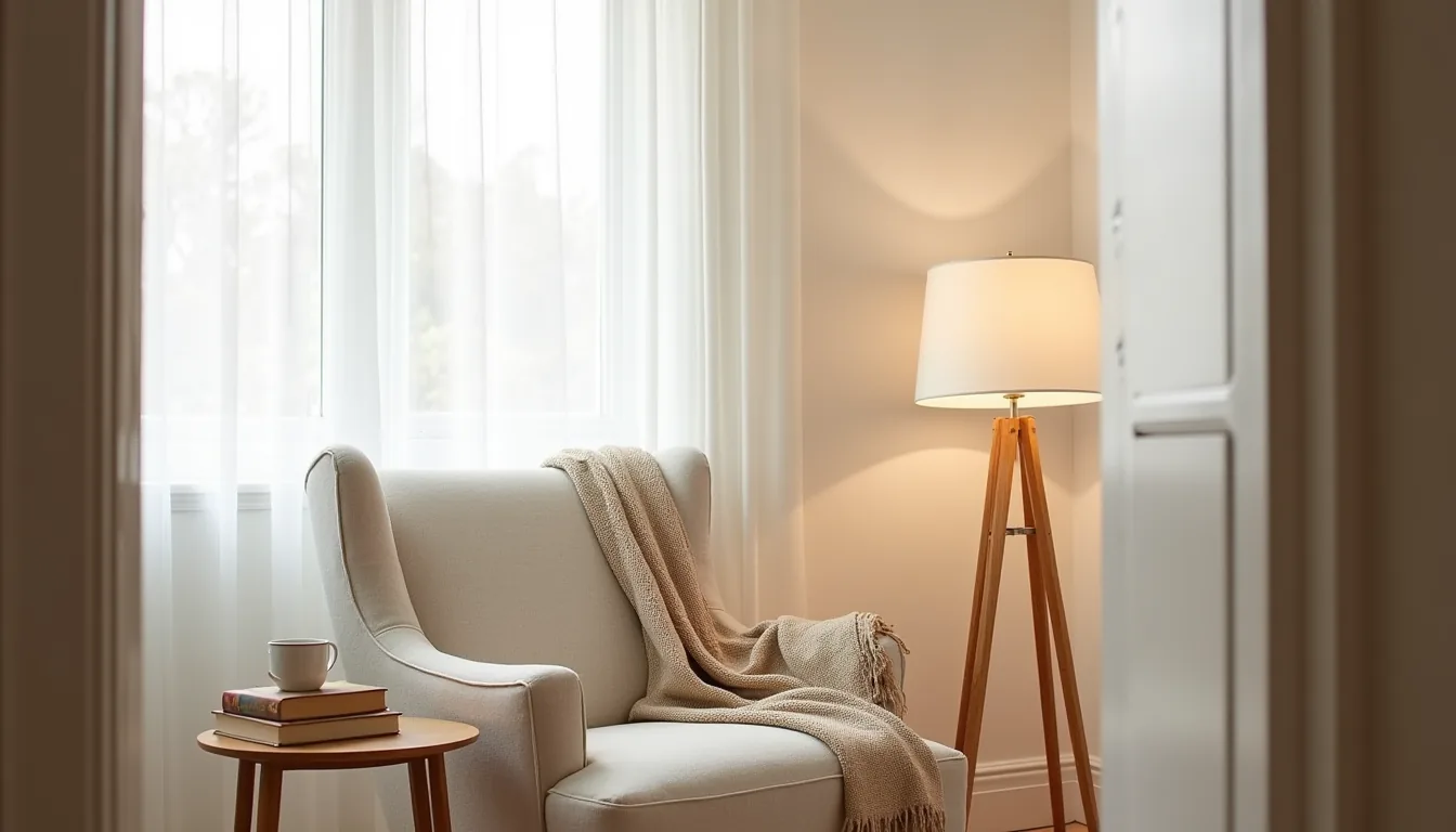 Wingback chair in corner with arc lamp, side table holding books and mug, and throw blanket over armrest.