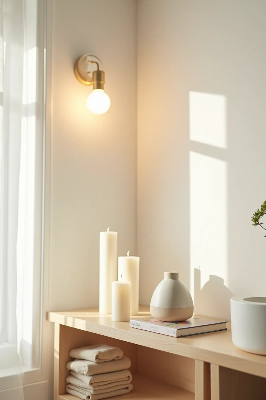 A bathroom shelf holds three pillar candles of different heights, a ceramic diffuser, and a smart bulb in a wall sconce