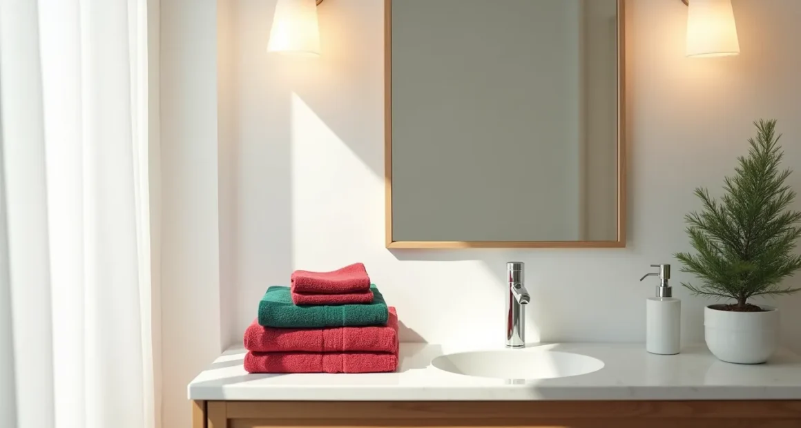 Folded crimson and forest-green towels stacked on a bathroom vanity next to a chrome soap dispenser, ceramic toothbrush