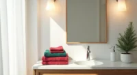 Folded crimson and forest-green towels stacked on a bathroom vanity next to a chrome soap dispenser, ceramic toothbrush