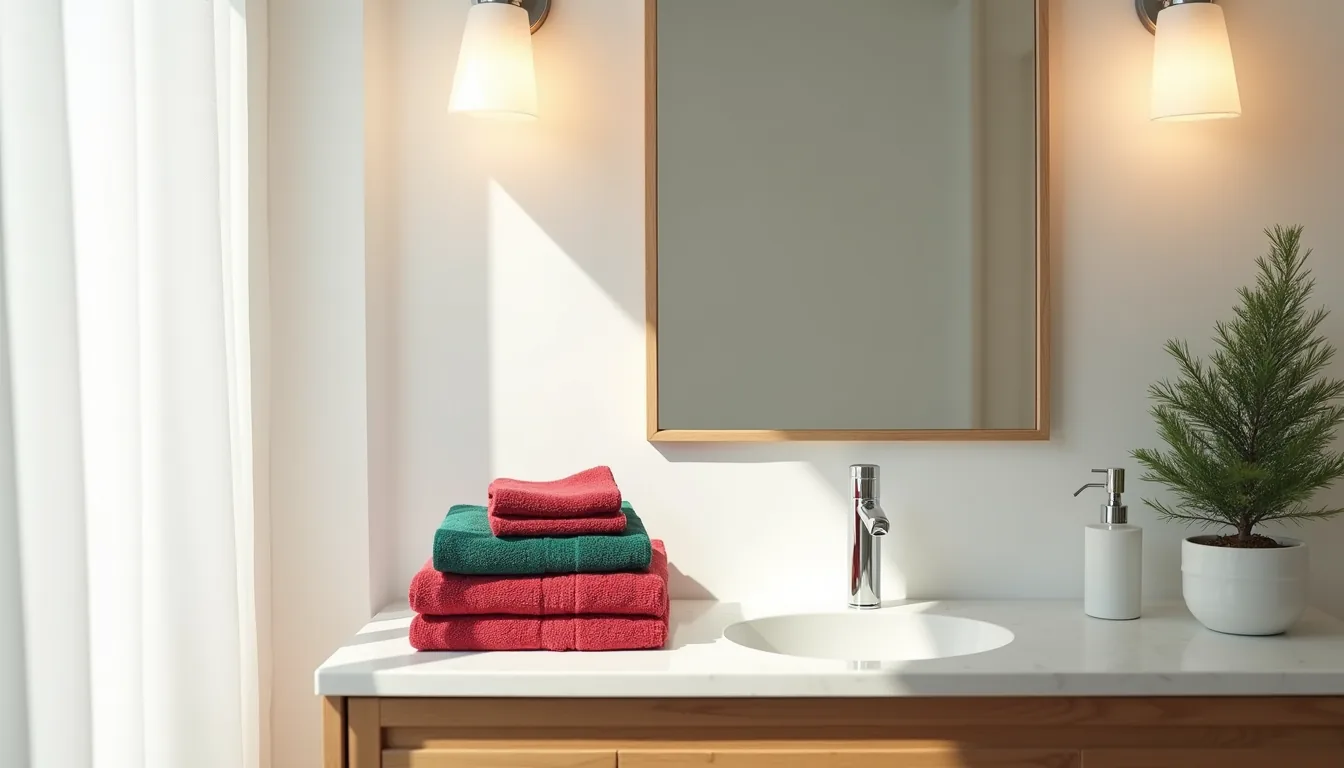 Folded crimson and forest-green towels stacked on a bathroom vanity next to a chrome soap dispenser, ceramic toothbrush