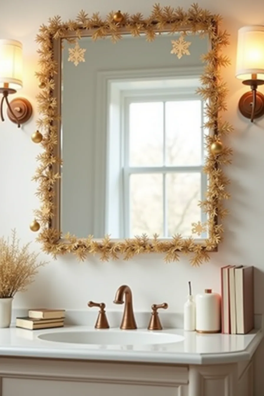 A bathroom mirror is framed with gold garland and decorated with suction-cup ornaments, while snowflake decals adorn the