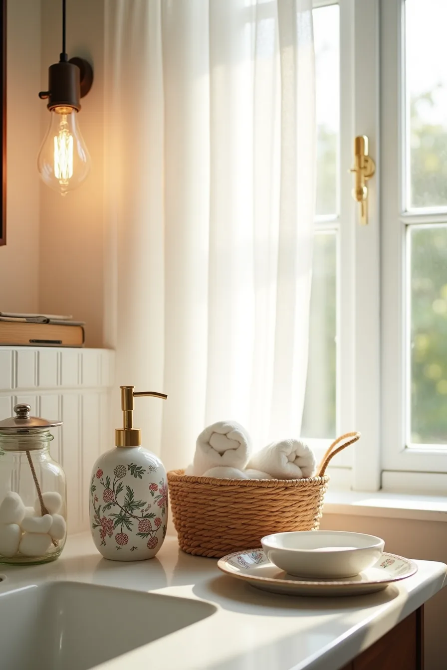 A bathroom counter displays a holiday-patterned ceramic soap dispenser, woven basket of rolled towels, glass jar with cotton