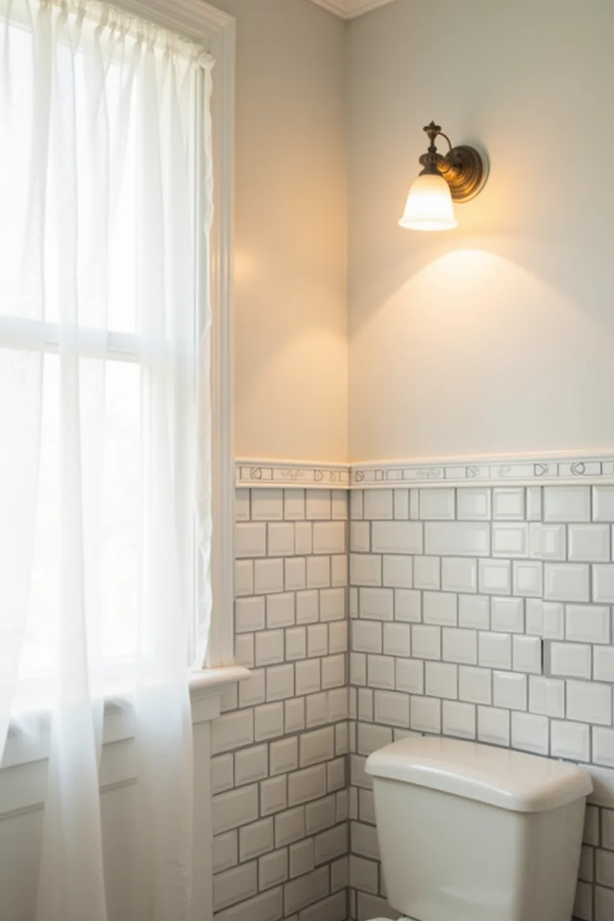 A bathroom wall corner features a horizontal peel-and-stick wallpaper border above subway tile with a decorative tile decal