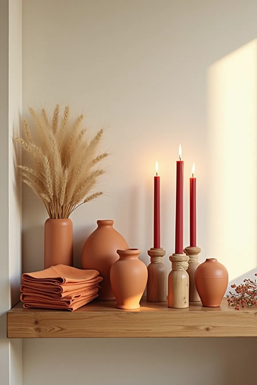 A wooden shelf holds terracotta pottery, dried wheat, burnt orange napkins, red candles in wooden holders, and twine-wrapped