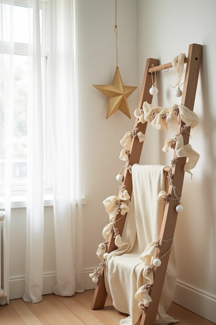 A wooden ladder in an apartment corner holds cream garland and ivory ornaments at different heights, with taupe ribbon and