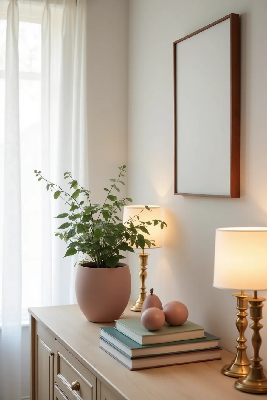 A sideboard displays a dusty rose planter, sage-green linen, gold-leafed box, blush ornaments, and vintage brass