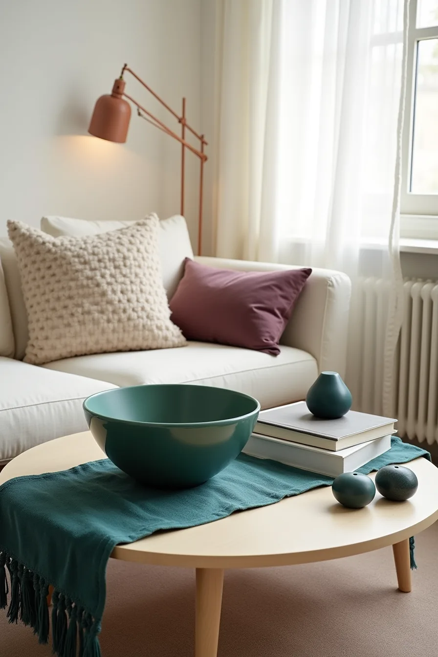 A coffee table displays a matte emerald bowl, sapphire runner, plum cushion, and sparse teal ornaments against a white wall.