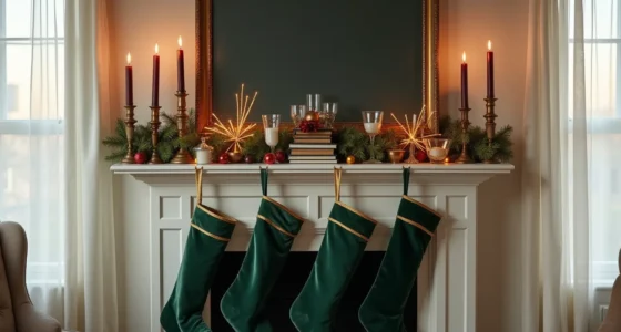 A mantelpiece displays gold-rimmed glassware, emerald stockings, sapphire ornaments, and burgundy candles arranged by height