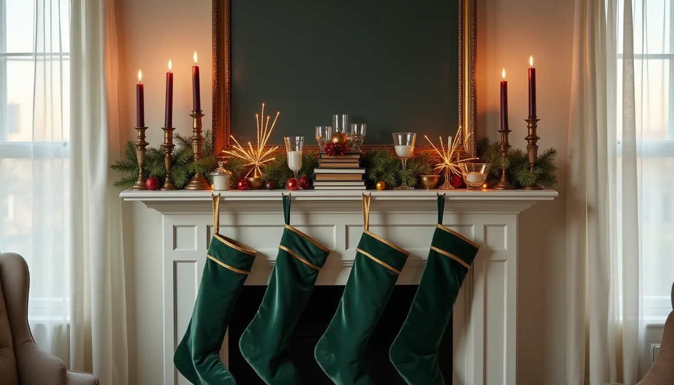 A mantelpiece displays gold-rimmed glassware, emerald stockings, sapphire ornaments, and burgundy candles arranged by height