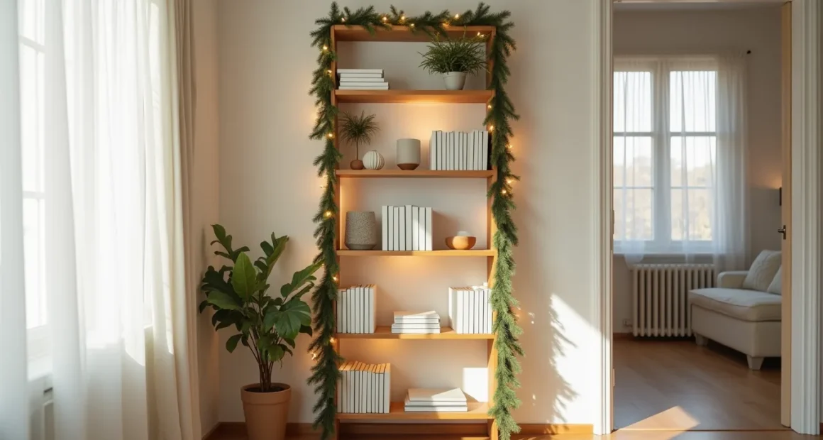Tall bookshelf decorated with wrapped garland, twinkling fairy lights, and a small potted evergreen on top.