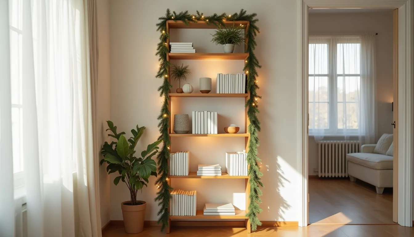 Tall bookshelf decorated with wrapped garland, twinkling fairy lights, and a small potted evergreen on top.