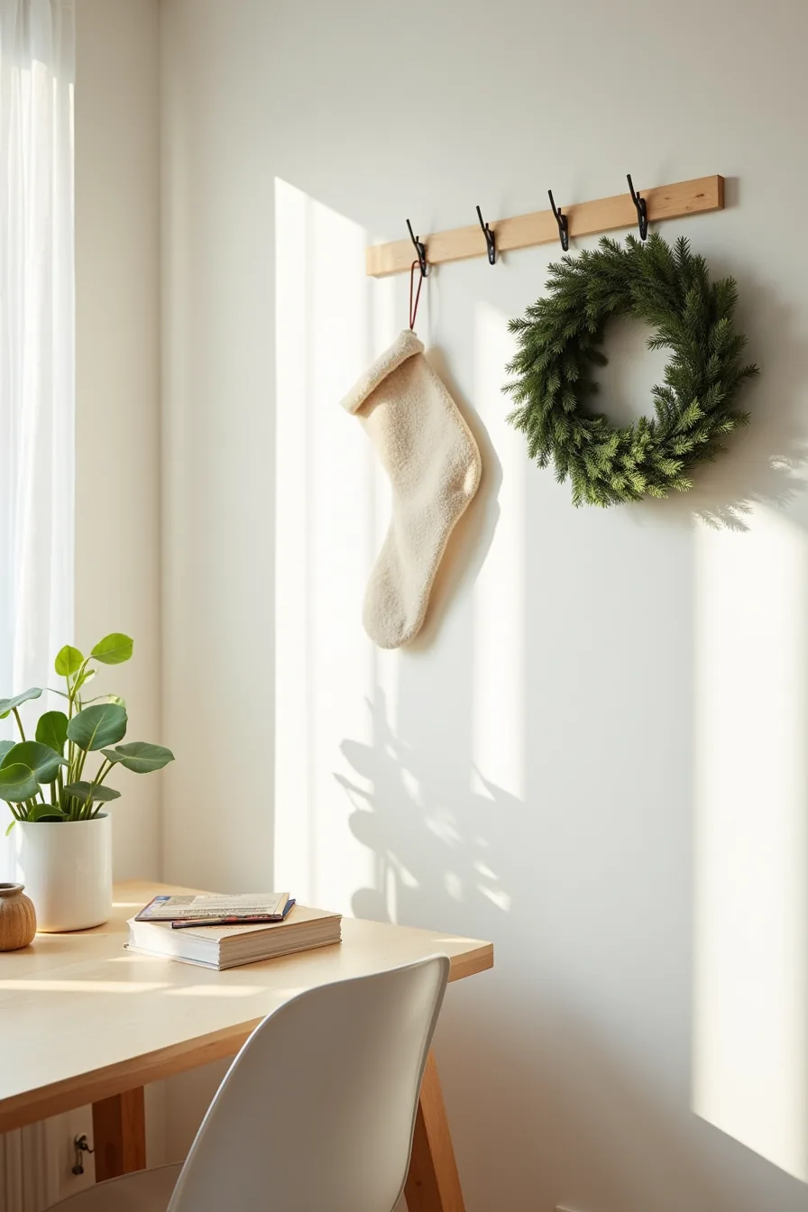 Wreath hung with command hooks, stockings on tension rod, and geometric tape pattern on apartment wall.