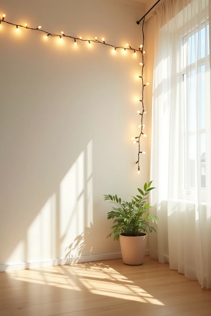 Diagonal string lights across ceiling with uplighting behind sheer curtains and accent lighting on wall greenery.