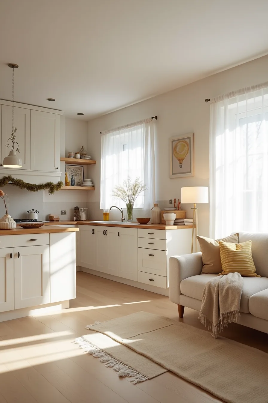 Kitchen with gold garland and cream stockings coordinating with matching pillows and throw blanket in adjacent living room.