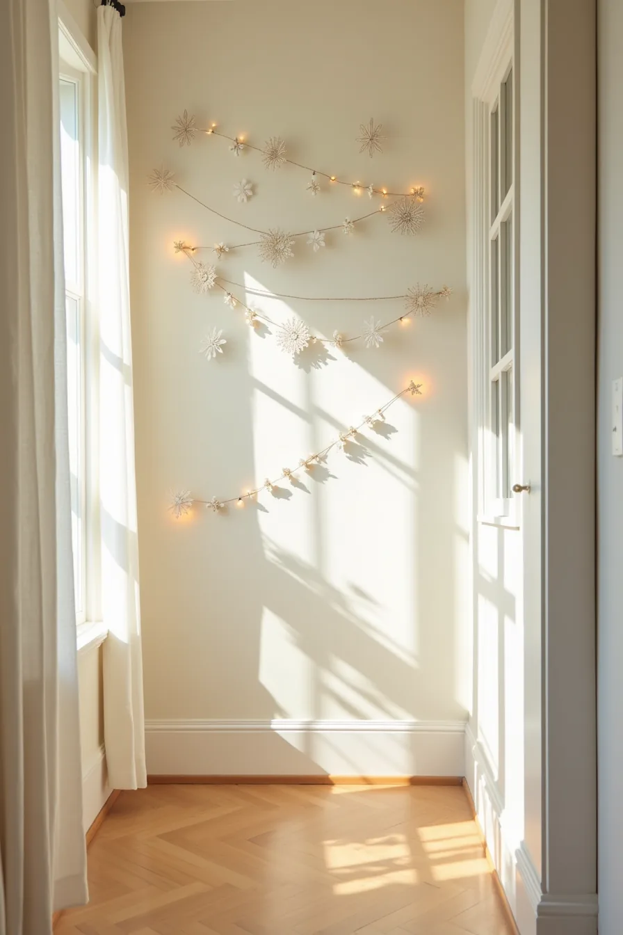 Hallway decorated with garland swags and hanging paper snowflakes creating a festive vertical display.
