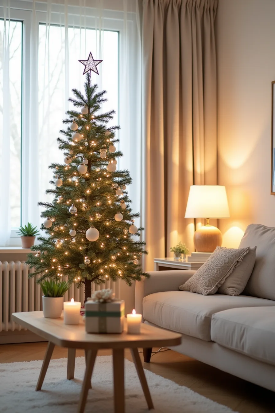Decorated tabletop Christmas tree on console table surrounded by wrapped boxes, candles, and potted plants.