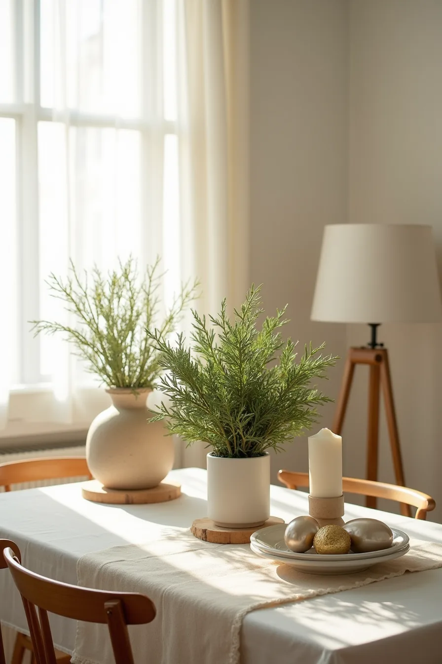 Three styled tablescape arrangements displaying paper garland, greenery with vessels, and luxury ornaments with ribbons.