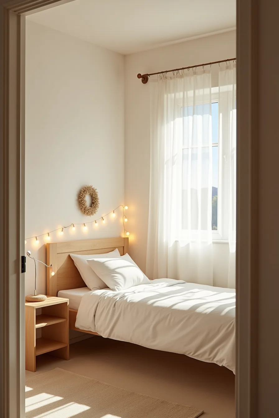 Twin bed with battery-operated lights along the headboard and a small wreath on the wall above, showing minimal clearance on