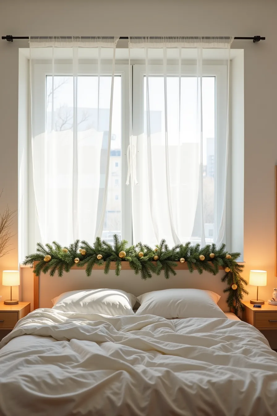 Faux evergreen garland with gold ornaments and warm white micro-lights draped across a bed headboard above neutral linen