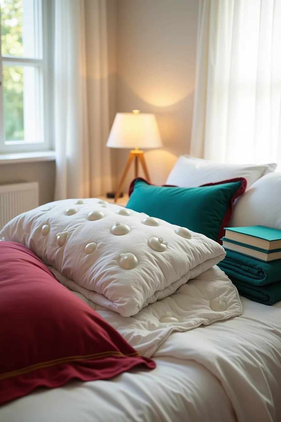 Three festive bedding sets displayed side by side: a red duvet with gold piping, a silver quilted throw, and an emerald