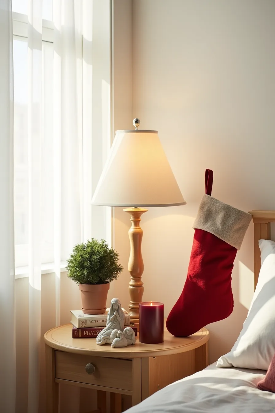 Nightstand with a wooden stocking holder, ceramic nativity figurine, burgundy pillar candle, and small potted evergreen