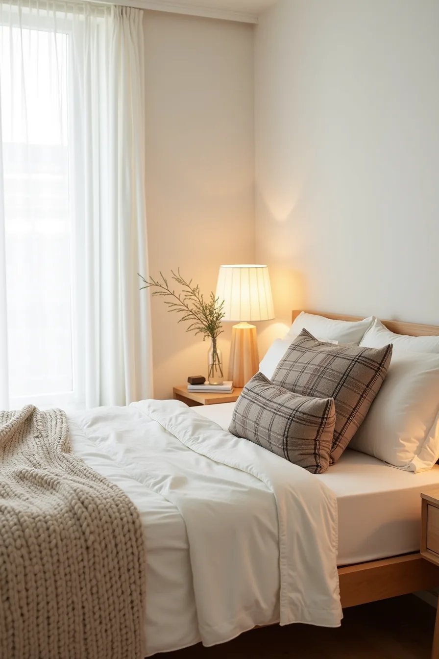 Layered bed textures including cream linen, cable-knit throw, plaid pillow sham, and faux-fur accent pillow arranged at the