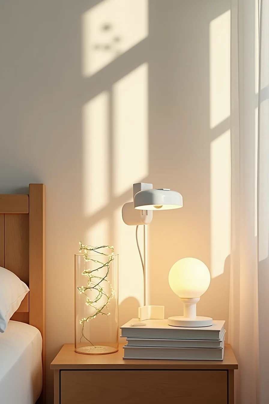 Three different warm light sources arranged on a nightstand: coiled fairy lights in a glass vase, an LED candle, and a