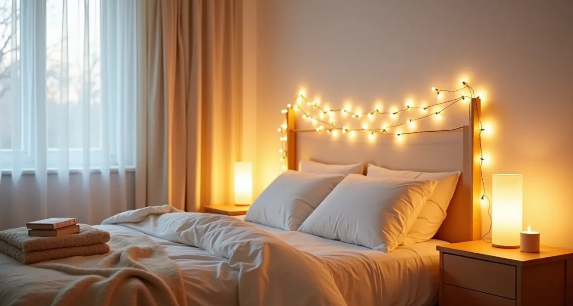 Bed with warm string lights draped across the headboard, casting soft light on cream bedding with a candle and throw blanket