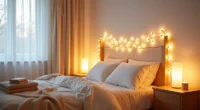 Bed with warm string lights draped across the headboard, casting soft light on cream bedding with a candle and throw blanket