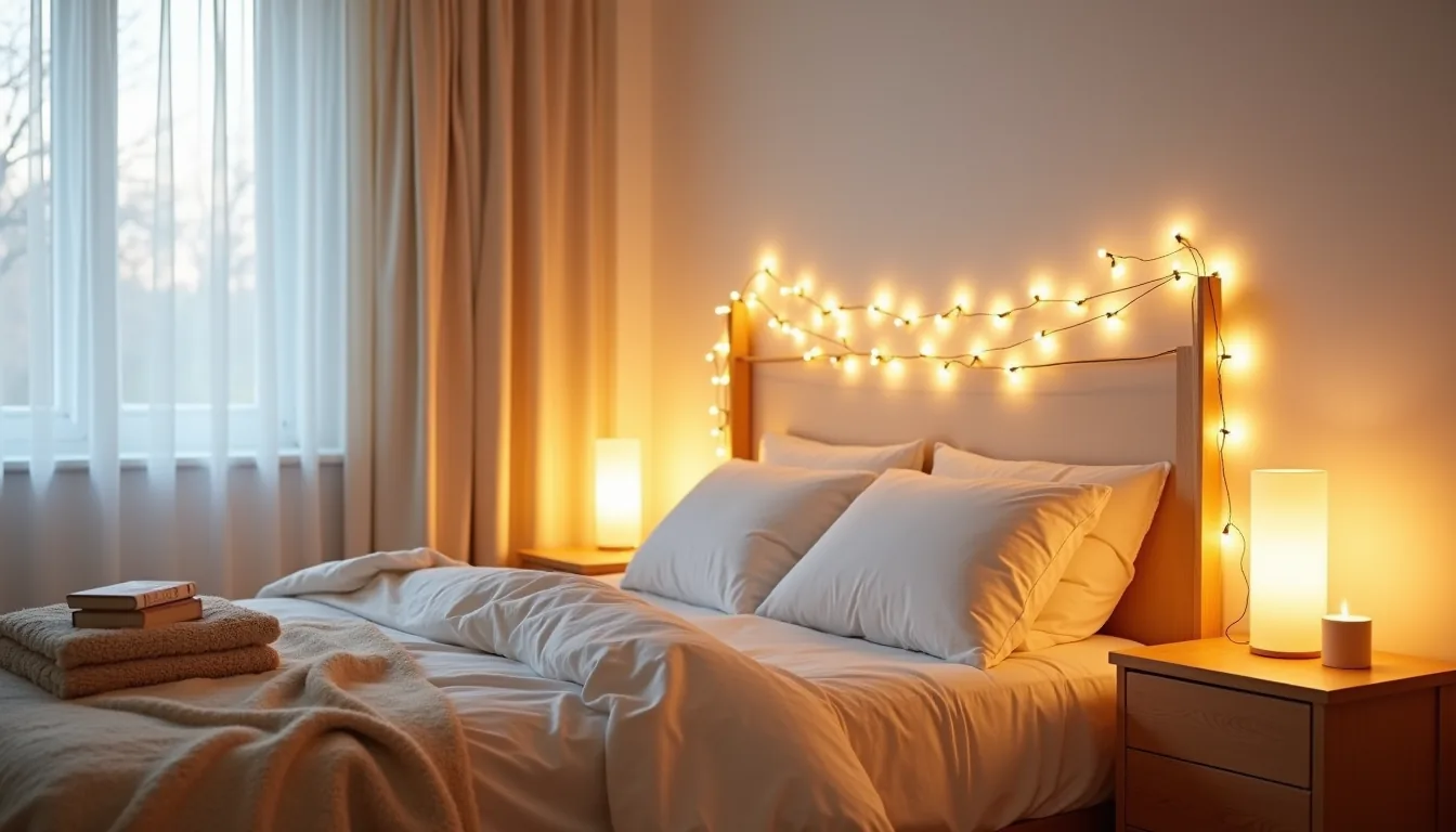 Bed with warm string lights draped across the headboard, casting soft light on cream bedding with a candle and throw blanket