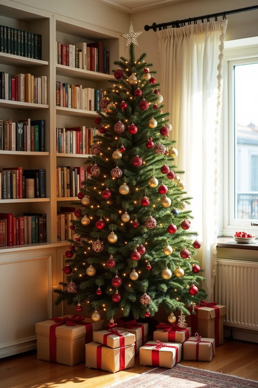 A full Christmas tree in a corner with garland-wrapped bookshelf, colorful ornaments in red, gold, and emerald tones, and