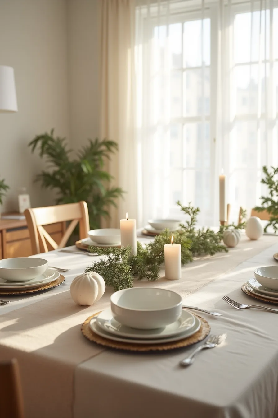 Dining table with fabric runner and two paper-and-candle arrangements featuring votives, pillar candles, and evergreen