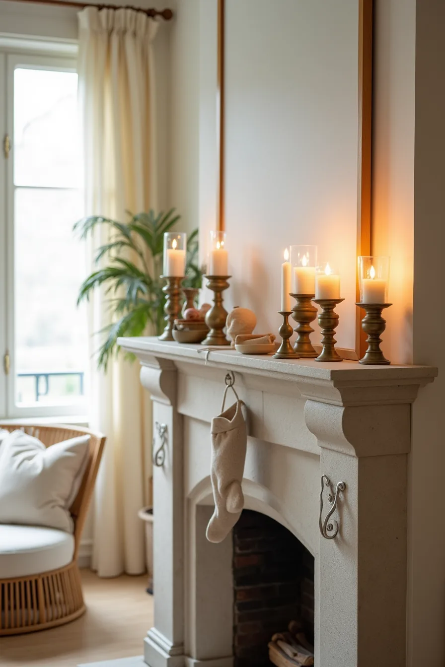 Stone mantel decorated with brass candlesticks, glass votives, ceramic ornaments, and a velvet stocking hung from a hook.