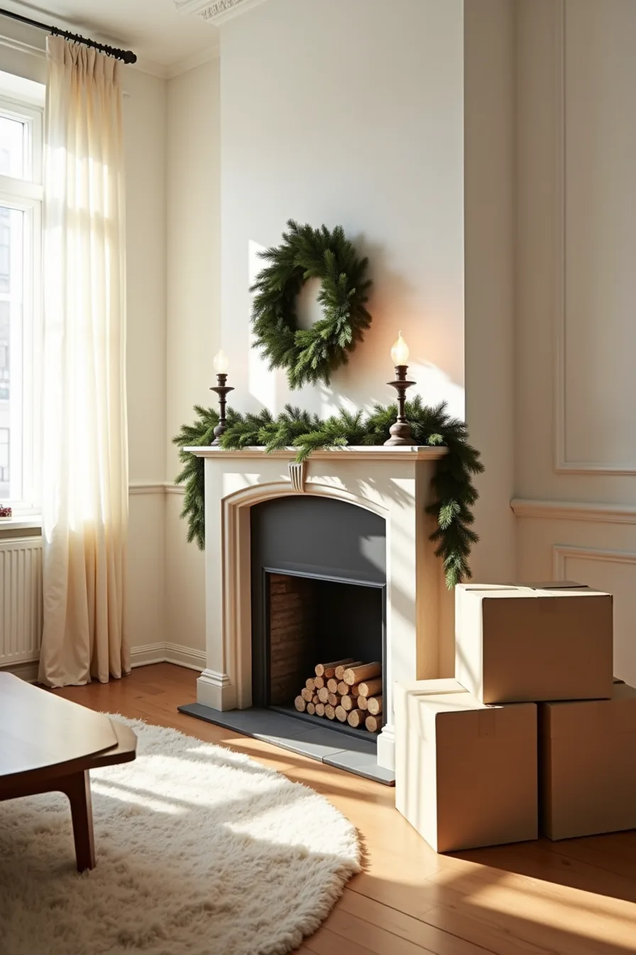 Fireplace mantel with proper clearance: garland 12 inches above opening, unblocked hearth, mounted wreath with hardware
