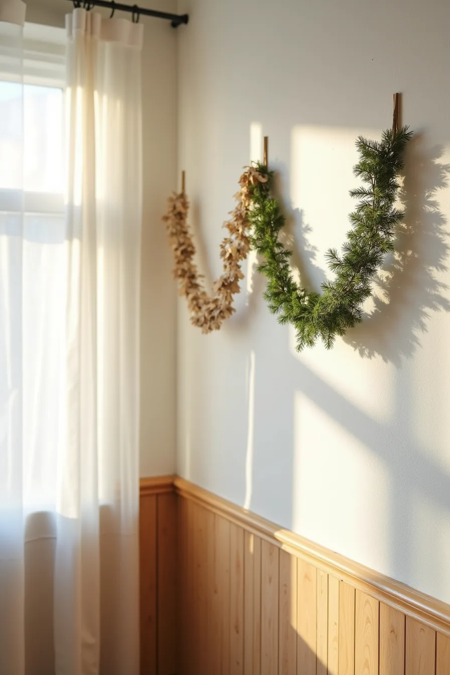 Three garlands installed on different wall types showing mounting techniques: putty on drywall, wire on brick, nails on wood.