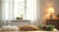 Three types of garland materials arranged in rows on wood: paper chains, dried botanicals with twine, and faux pine with